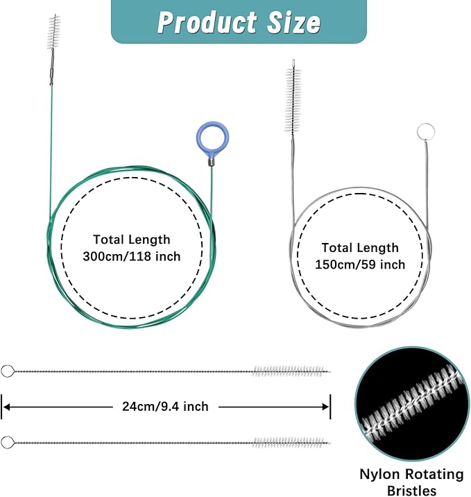 4Pcs Auto Sunroof Drain Cleaning Tools, 118/59 Inch Flexible Brush Long Pipe Cleaners, Tube Cleaning Brush Slim Dredging Tool for Car, Refrigerator, Sewer and Other Holes
