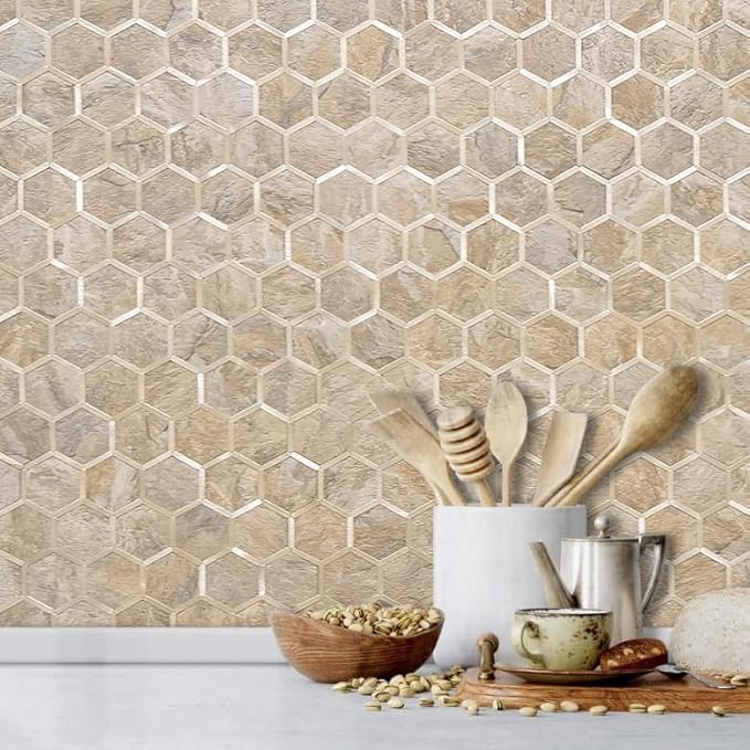 DICOFUN Hexagon Peel and Stick Backsplash Tile, Sandstone Look with Light Gold Kitchen Backsplash Peel and Stick Wall Tiles, 10