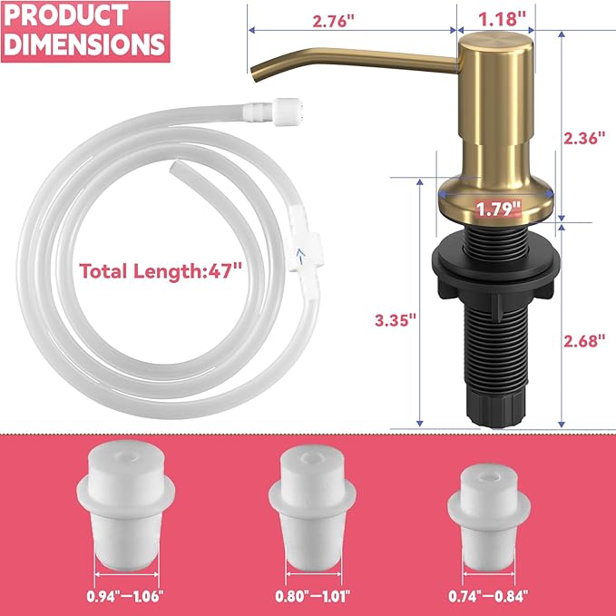 Sink Soap Dispenser, OHiHi Kitchen Sink Soap Dispenser with 47" Extension Tube, Wide Pump Head Base, No Water Leaking, No Need to Fill The Little Bottle Again, Gold