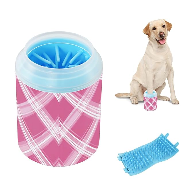 Dog Paw Cleaner Cups for Dogs Pet Foot Washer Paw Scrubber for Small Medium Large Dogs Cats Cleaning Cup Pink White Checkered Pattern