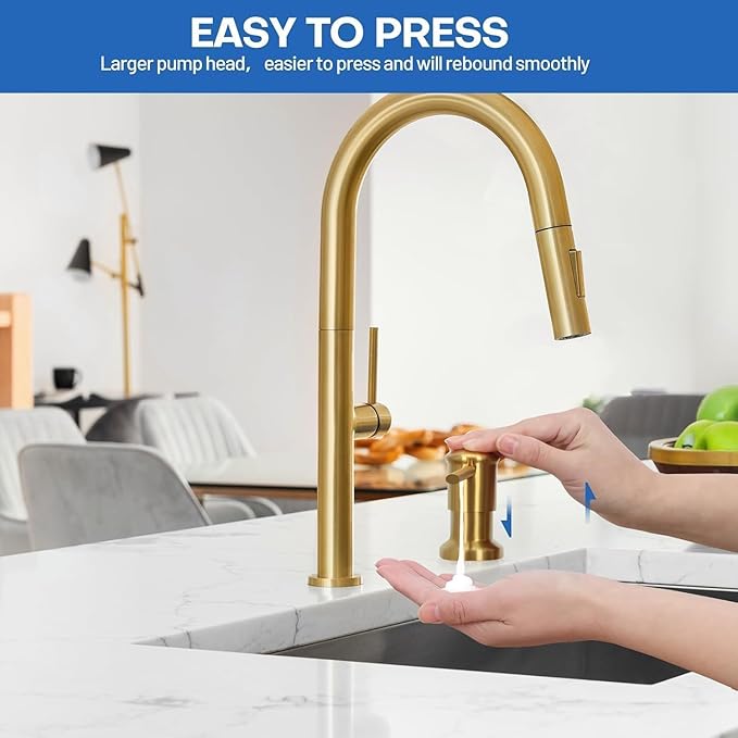 Gold Stainless Steel Soap Dispenser for Kitchen Sink, Brushed Gold Built in Pump Soap Dispensers, Sink Soap Dispenser or Lotion Dispenser Pump with Above The Sink Refillable 17OZ Large Liquid Bottle