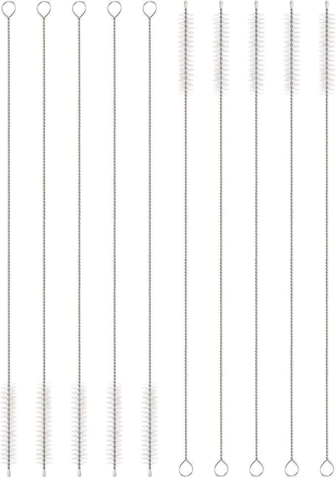 HARFINGTON Straw Cleaner Brush Set, 12 Inch Length 304 Stainless Steel and Nylon Bristles for Water Bottle Silicone Straw Sippy Cup Pipes, White (10mm OD, 10-Piece-Set)