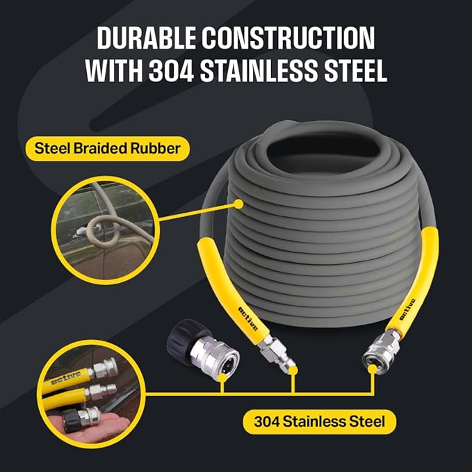 Active 75’ Pressure Washer Hose Compatible with gas and electric pressure washers (M22-14mm) Kink resistant, flexible steel braided power washer hose, max operating spec of 4000 PSI & 12 GPM and 212°F