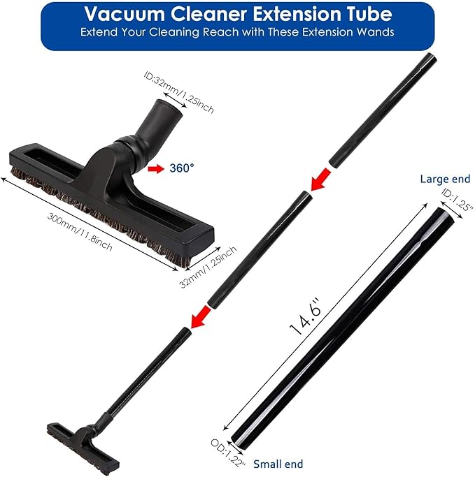 14 PCS Universal Vacuum Attachments & Brushes Kit for Shop Vac Accessories & Household Cleaning, Includes 4 Vacuum Hose Adapters, 3 Vacuum Extension Wands & Flexible Crevice Tool