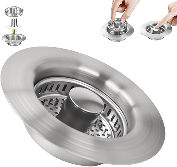Kitchen Sink Drain Strainer, 304 Stainless Steel Sink Drain Plug, Quick Drain Kitchen Sink Plug with Anti-Clog Strainer Kitchen Sink Protector for U.S. Standard 3-1/2 Inch Sink Drain Holes.