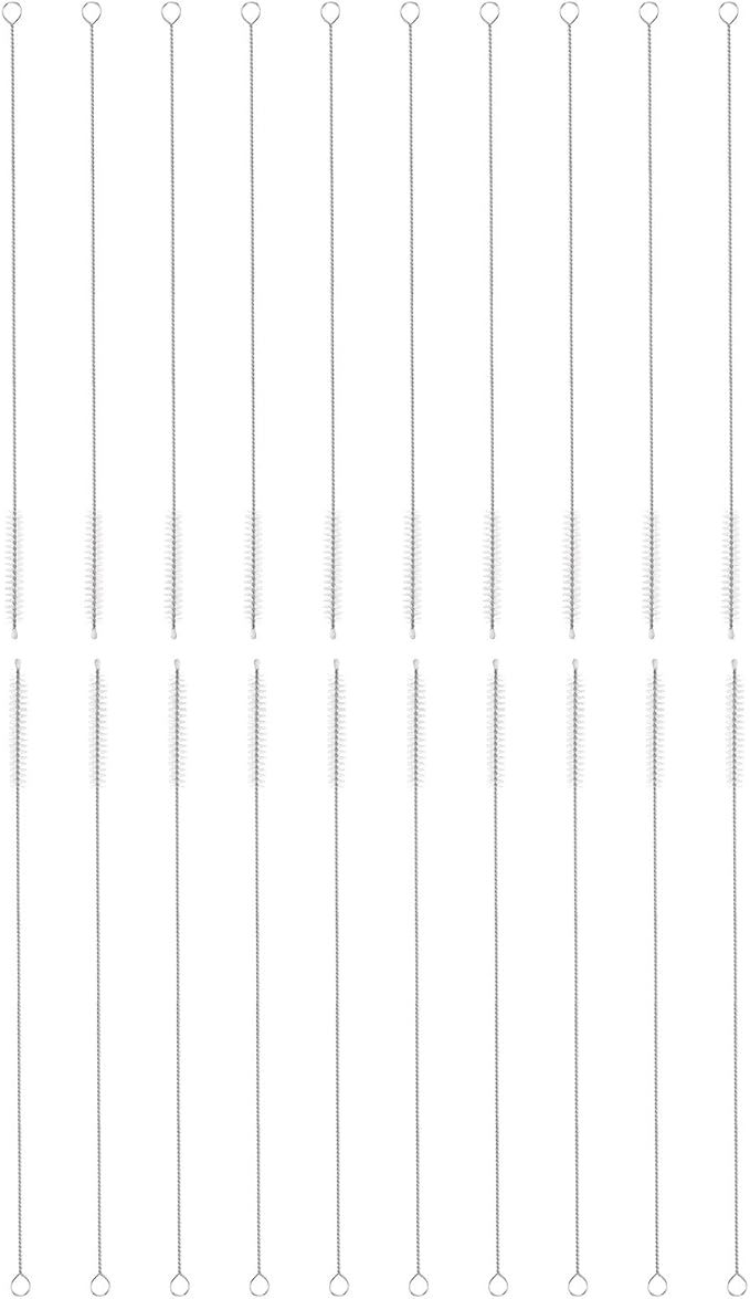 HARFINGTON Straw Cleaner Brush Set, 12 Inch Length 304 Stainless Steel and Nylon Bristles for Water Bottle Silicone Straw Sippy Cup Pipes, White (8mm OD, 20-Piece-Set)