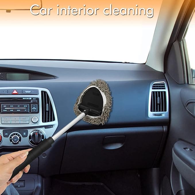 JOYFUL&HOPEFUL Car Windshield Cleaning Tool, Car Inside Window Cleaner Tool with Extendable Handle, 4pc Microfiber and 2pc Chenille, Car Interior Cleaner Tool Anti Fog, Streaks Free