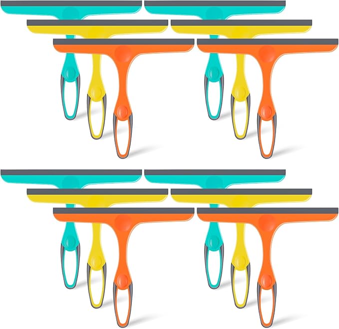 Dandat 12 Pcs Squeegee for Shower Glass Door 9.8'' Small Silicone Shower Squeegee for Doors Bulk with Hanging Hole for Bathroom Car Mirror Tile(Orange, Green,Yellow)