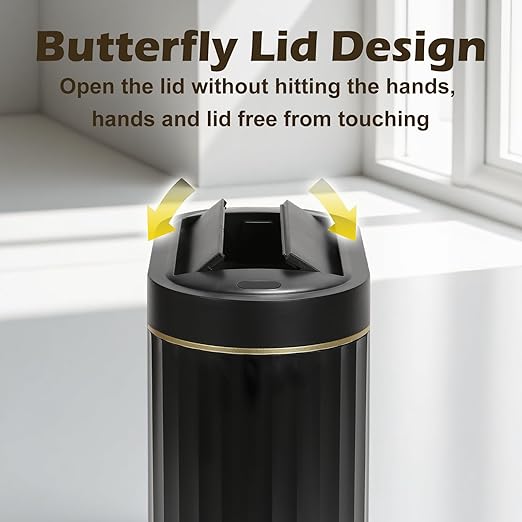 Bathroom Trash Can with Lid Butterfly 2 Gallon Sensor Trash can, IPX5 Waterproof Garbage Can, Automatic Slim Trash Bin, Under-Counter Wastebasket Bathroom Decor for Kitchen, Black Gold