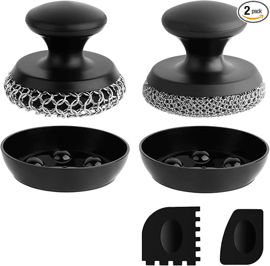 2PCS Cast Iron Scrubber Cleaner, Chainmail Scrubber for Cast Iron Pan Skillet, Dish Scouring Pad, 316 Stainless Steel Brush/Scraper for Metal Skillet Scrubbing, Wok, Dutch Oven Cleaning - Thick+Thin