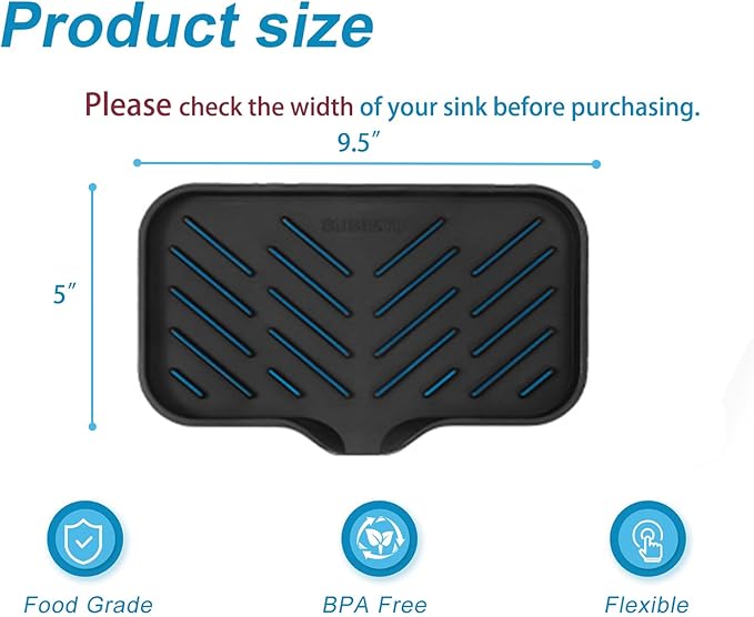 SUBEKYU Silicone Kitchen Soap Tray, Sink Tray for Kitchen Counter/Soap Bottles, Sponge Holder and Organizer with Drain Spout, Black, [Size: 9.5 x 5 inch]