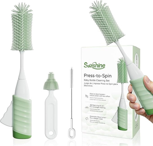Bottle Brush Set, Innovative Efficient Press-to-Spin Brush Cleaner - Includes Silicone Baby Bottle Brush, Nipple Brush, Straw Cleaner - Spinning Generates Rich Foam for Deep Cleaning, Green