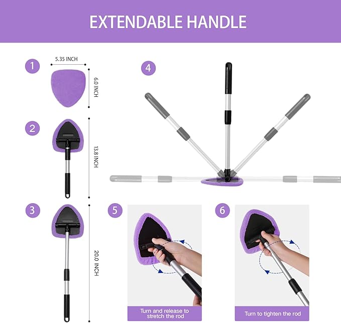 10pcs Windshield Cleaning Tool Inside Car Window Cleaner Wash Kit with 4 Reusable Microfiber Pads 1 Spray Bottle and Extendable Handle Interior Auto Glass Wiper Kit, Purple