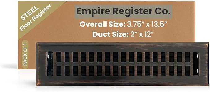 Empire Register Co, Decorative Air Vent Covers - 2x12 inch, Modern Contemporary Design, Oil Rubbed Bronze Finish, Heavy Duty Walkable Floor Register, Metal Damper Attached