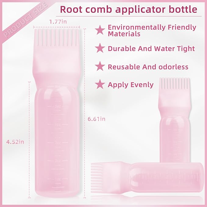 BLAAROOM 2Pack Root Comb Applicator Bottle - 6 Oz Hair Oil Applicator, Dye Bottle Tools with Oil Dispenser & Root Comb Brush - Pink