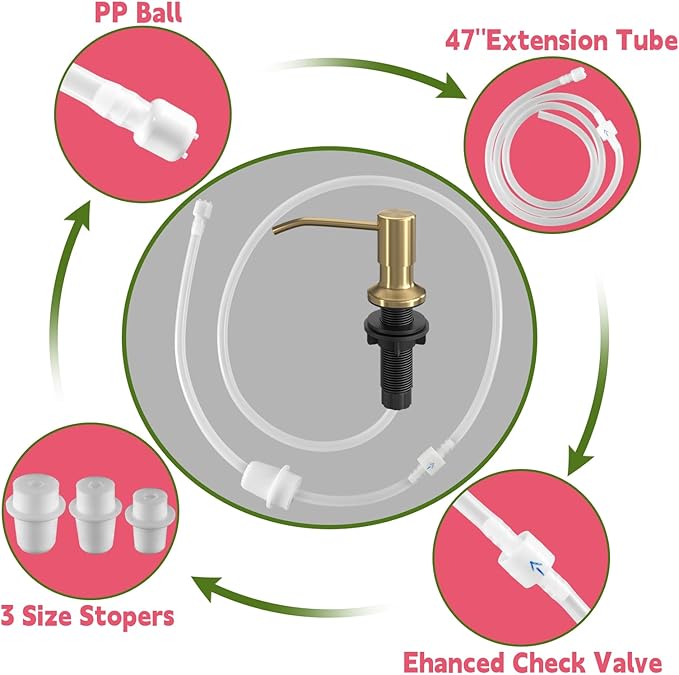 Sink Soap Dispenser, OHiHi Kitchen Sink Soap Dispenser with 47" Extension Tube, Wide Pump Head Base, No Water Leaking, No Need to Fill The Little Bottle Again, Gold