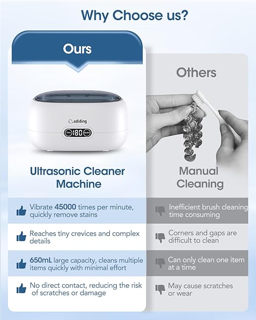Adiding Jewelry Cleaning Machine, 650mL Ultrasonic Glasses Rings Cleaner Professional Denture Coins Watch Cleaner with 5 Digital Timer Degas Mode Diamond Earrings Necklaces