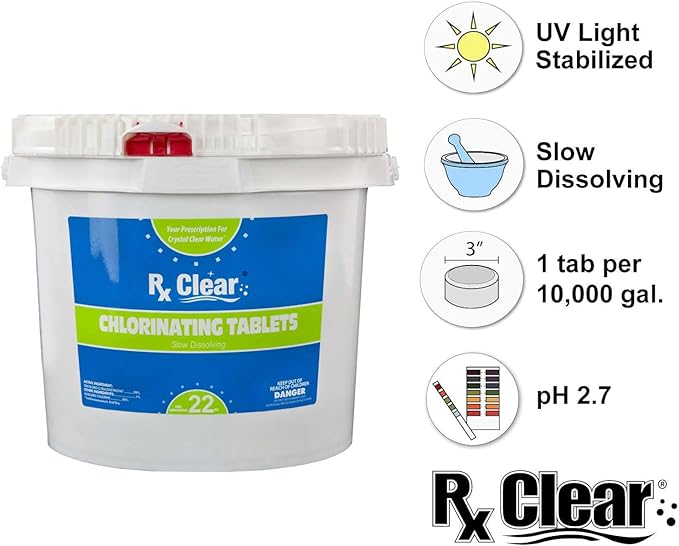 Rx Clear 3" Inch No Grab Chlorine Tabs | 22 Pound Bucket | Use Tablets As Bactericide, Algaecide Disinfectant in Swimming Pools | Water Soluble No Need to Take Out of Wrapper