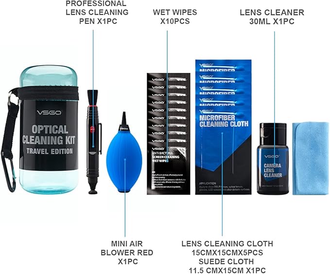 VSGO Professional Camera Lens Cleaning Kit for Canon, Nikon, Sony, Pentax DSLR Lenses - Includes Lens Pen, Air Blower, and Fluid (Blue)