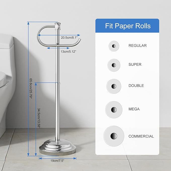 RUMOSE Toilet Paper Holder Stand for Floor, Polished Chrome Bathroom Free Standing Toilet Tissue Roll Holder with Storage, Adjustable 17-25 Inch, SUS304 Stainless Steel
