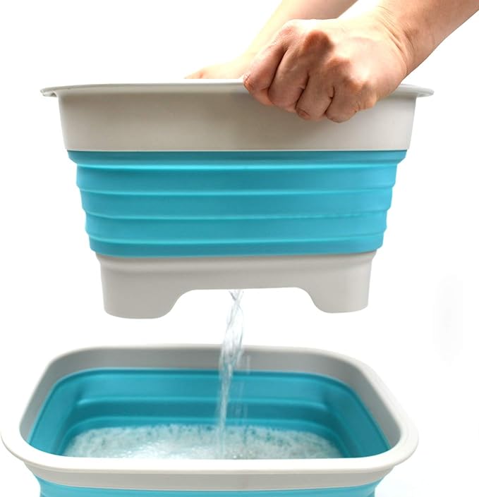 SAMMART 9.1L (2.4Gallon) Collapsible Dishpan with Draining Plug - Foldable Washing Basin - Portable Dish Washing Tub - Space Saving Kitchen Storage Tray (1, Grey/Brigt Blue)