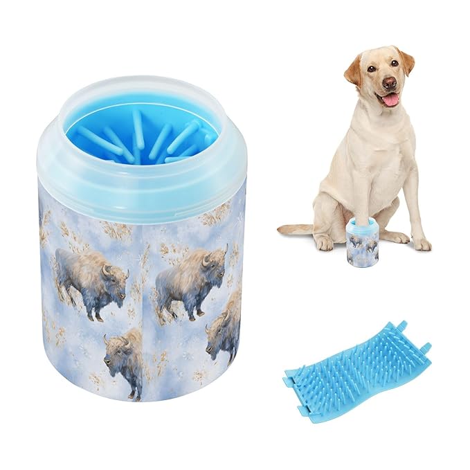 Dog Paw Cleaner Cups for Dogs Pet Foot Washer Paw Scrubber for Medium Small Large Dogs Cats Cleaning Cup Blue Bison Grass Snowflakes