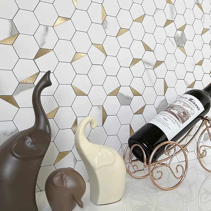 DICOFUN 1 Hexagon Tile Peel and Stick Backsplash, White Marble Look PVC Mixed Golden Metal Mosaic Tiles
