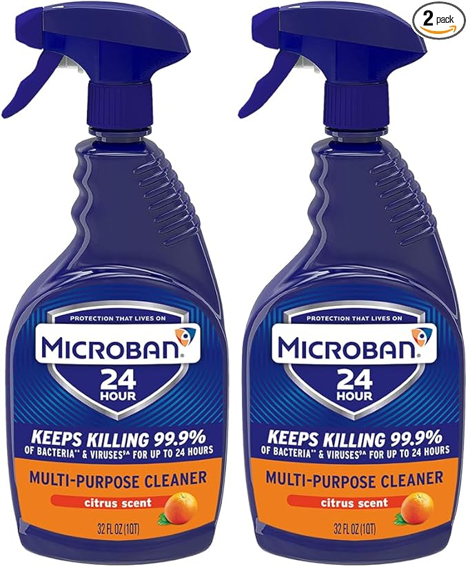 MICROBAN Multi-Purpose Cleaner, 32 oz., 2 Pack, Citrus, Penetrates Soap Scum, Greasy Soils and Reduces Odors, Keeps Killing 99.9% of Bacteria and Viruses for up to 24 Hours