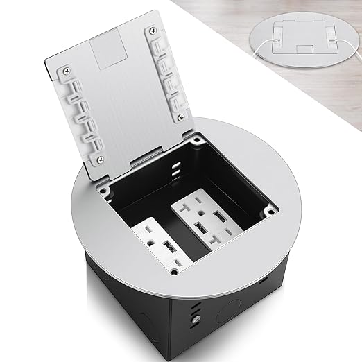 1 Pcs Recessed Floor Outlet 4. 72" x 4. 72" x 3. 94" 2-Gang with 4. 8a USB Chargers 20 Amp Floor Receptacles Round Hidden Outlet Kit Electrical Waterproof Box, Etl Listed (Silver)