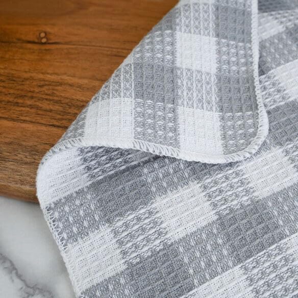 Blue Needles Waffle Weave Check Plaid Dish Cloths, 12x12 Inches 100% Cotton Set of 6 Dish Towels for Kitchen, Ultra Soft & Absorbent Kitchen Towels for Quick Drying Spring Summer - Ash Grey & White