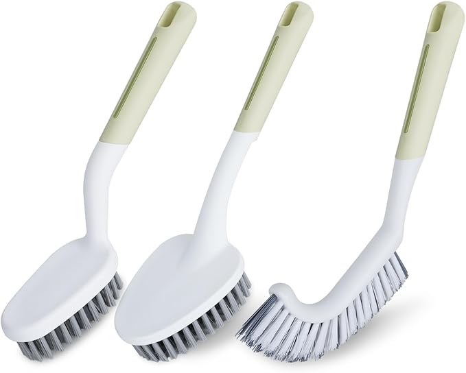3 Pack Scrub Brush with Long Handle, Stiff Bristles Grout Cleaner Brush, Shower Brushes for Cleaning Bathtub, Bathroom, Shower, Tile, Carpet, Kitchen, Sink (Green)