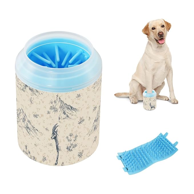 Dog Paw Cleaner Cups for Dogs Pet Foot Washer Paw Scrubber for Medium Small Large Dogs Cats Cleaning Cup Beige Goats Mountains Plants