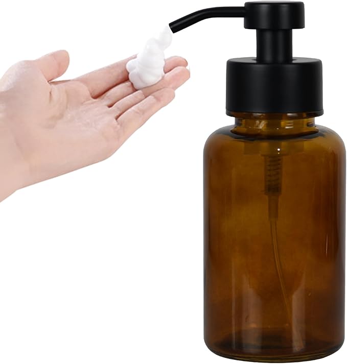 15 oz Amber Glass Foam soap Dispenser with Black Rust-Proof Foam Pump, refillable Thick Glass Foam soap Dispenser for Kitchen and Bathroom (1, 15 oz)