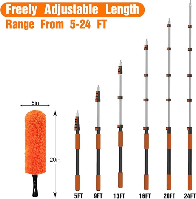 30FT High Reach Duster Cleaning Kit with Extension Pole, High Ceiling Fan Cleaner Duster Tool for Fan Blades, Window Washing Kit with Microfiber Feather Duster & Window Squeegee
