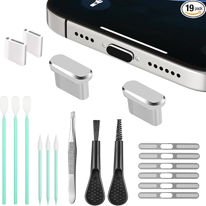 Mobile Phone Speaker Metal Dust Mesh, Charging Port dust Plug, Cleaning Brush Cleaning Tool Set for iPhone16 15 Series (USB C-Silver)