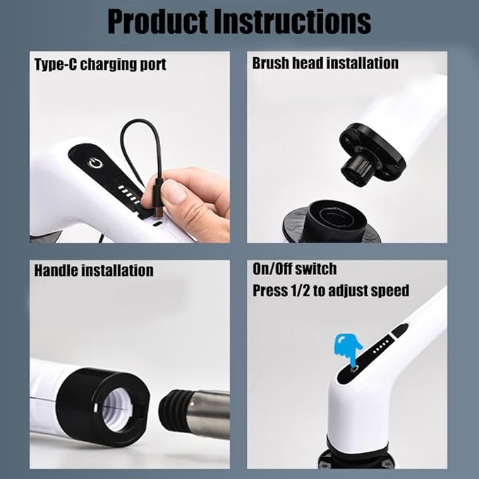 Electric Spin Scrubber, Cordless Shower Scrubber with Long Handle, 1.5h Bathroom Scrubber Dual Speed, Ipx7 Waterproof Cordless Cleaning Brush with 9 Replaceable Brush Heads & Extendable Handle