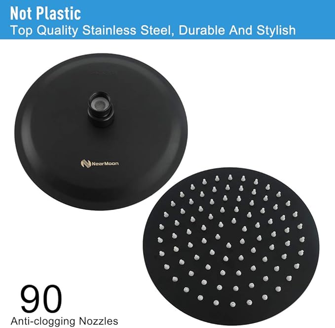 NearMoon Rain Shower Head, Ultra-Thin Design-Pressure Boosting, Awesome Some Experience, High Flow Stainless Steel Rainfall Head (8 Inch,Matte Black)