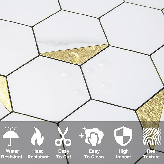 DICOFUN 10-Sheet Hexagon Tile Peel and Stick Backsplash, White Marble Look PVC Mixed Golden Metal Mosaic Tiles for Kitchen and Bathroom
