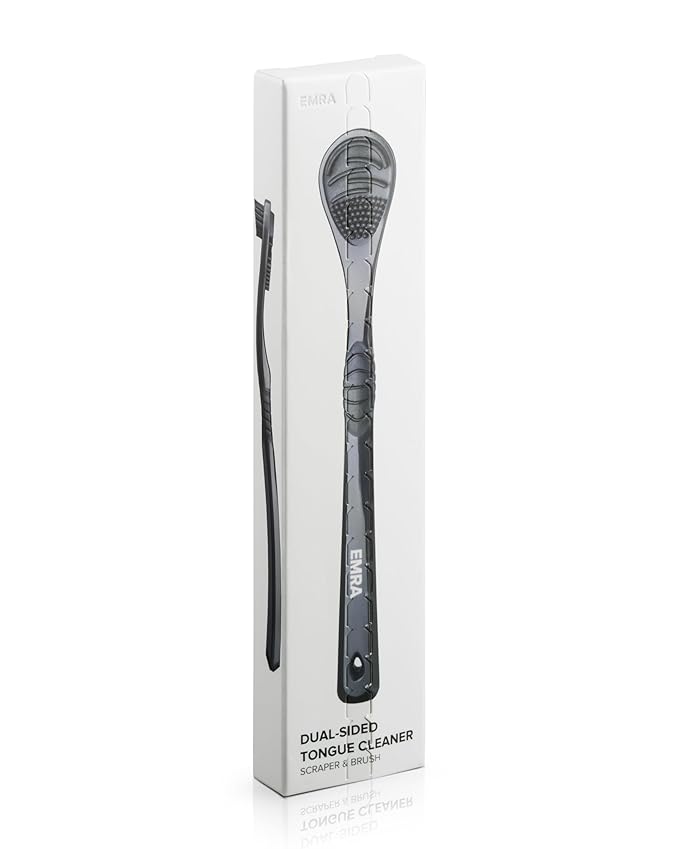 EMRA Gentle Cleaning Tongue Gel + Dual-Sided Cleaner in Black - Fluoride-Free Formula with Peppermint & Chamomile for Fresh Breath & Sensitive Tongue Care