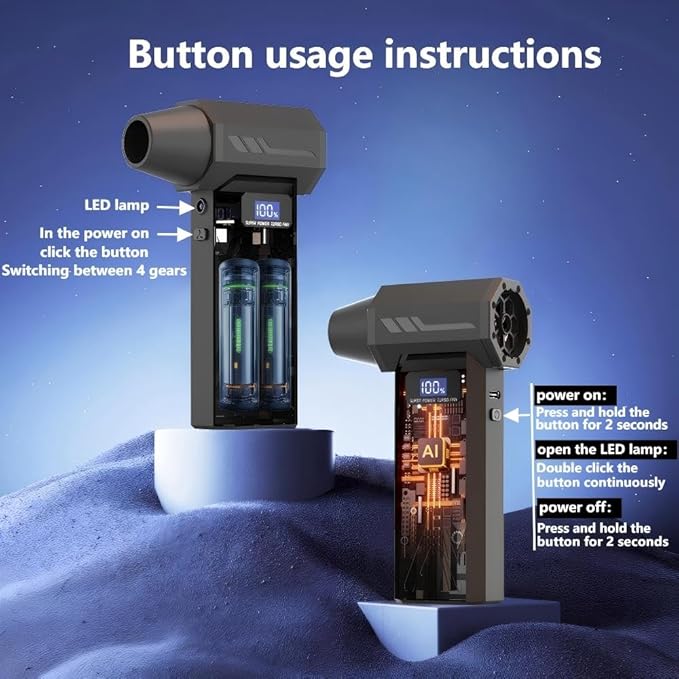 2-in-1 Air Duster and Vacuum Cleaner, 110000RPM Electric Blower with Screen Display and LED Lights, 4-Gear Adjustable Power,Dust Blower for Computer, Keyboard, House, Outdoor and Car