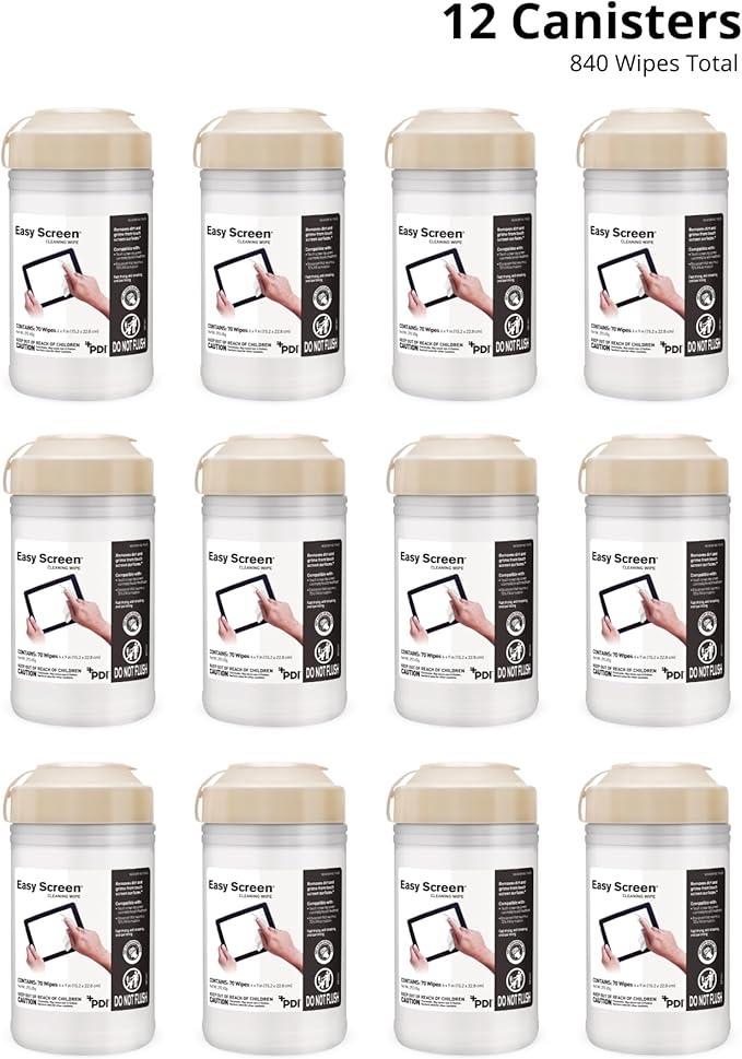 Easy Screen Cleaning Wipes, Canister – Streak-Free, Anti-Smudge Wipes for Electronics, TVs, Laptops, Tablets, Smartphones – 70 Large 6" x 9" Wipes Each, 12 Canisters per Case