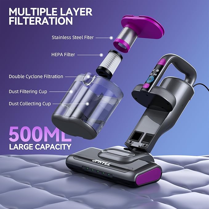 Mattress Vacuum Cleaner, 20Kpa Suction Bed Vacuum Cleaner with 253.7nm UV-C Light, 140°F Heated Air, 30000 RPM Brushroll, 40,000Hz Ultrasonic, HEPA Filter, for Bed, Sofa, 500W Corded(Dark Gray)