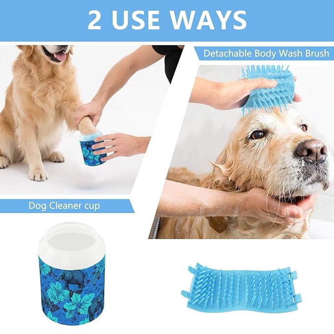 Dog Paw Cleaner Cups for Dogs Pet Foot Washer Paw Scrubber for Medium Small Large Dogs Cats Cleaning Cup Blue Elephants Large Leaves