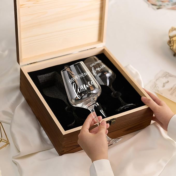 AW BRIDAL Engagement Gifts for Couples Wine Glasses Set, 2026 Fiance Gifts for Women and Newlyweds, Engaged Wine Glasses with Wine Stopper and Wood Keepsake Box, Bridal Shower Gifts for Bride