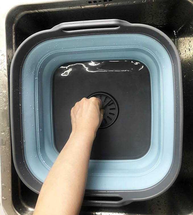 SAMMART 10L (2.64 gallon) Collapsible Dishpan with Draining Plug - Foldable Washing Basin - Portable Dish Washing Tub - Space Saving Kitchen Storage Tray (2, Grey/Sea Angel)