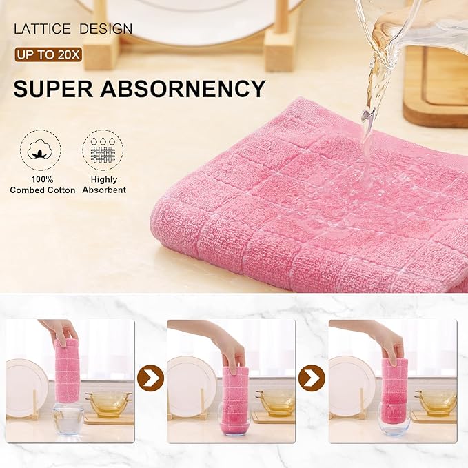 Mordimy 100% Cotton Terry Cloth Kitchen Towels, Super Soft and Absorbent Dish Towels for Drying, Checkered Designed Hand Towels for Kitchen, 16 x 26 Inches, 4 Pack, Pink