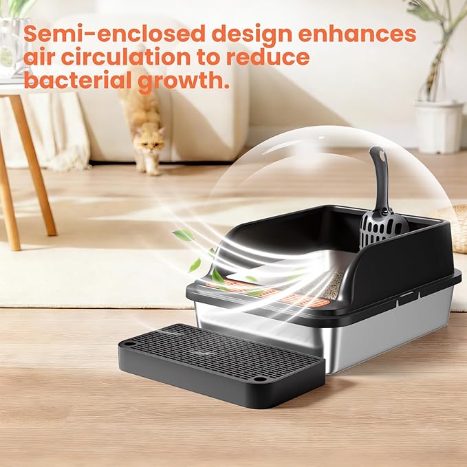 Stainless Steel Cat Litter Box, Metal Kitty Litter Box Includes Litter Mat & Scoop, Easy Cleaning Anti-Scratch Kitty Cat Box Anti-Urine Leakage, Non-Sticky, Perfect for Small Cats, Black