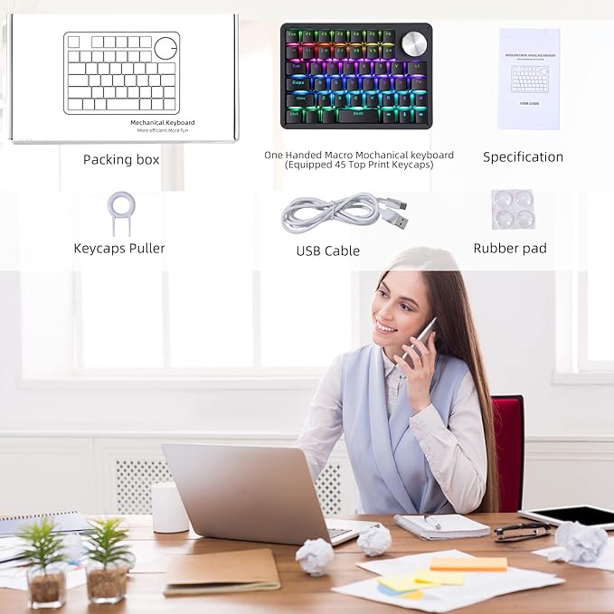 Koolertron One Handed Mechanical Gaming Keyboard, 45-Key Fully Programmable Mini Keypad, Mini USB Macro Keyboard with Rotating Knob, RGB Backlit Red Switches, for Windows PC Gamers