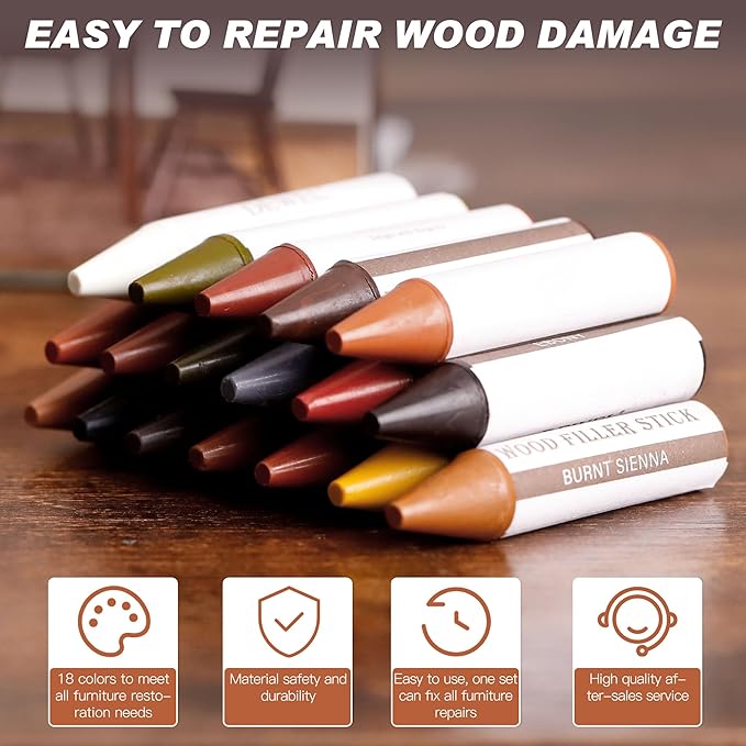 SEISSO Wood Furniture Scratch Repair Filler Sticks, 18 Colors Wax Sticks with Sharpener, Scratch/Dent/Crack/Mark/Stain Cover&Remover, Wood Touch Up Sticks for Floor, Table, Door, Cabinet (18 Color)