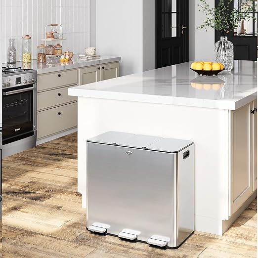 Garvee Trash Can, 15.9 gal Triple Compartments (3X20 L) Stainless Steel Kitchen Trash Can for Recycling, 5+5+5 gal Plastic Inner Buckets, Quiet Close, Brushed, Airtight, Silver